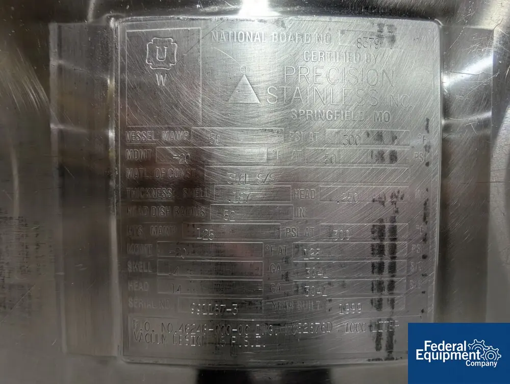264 gallon Precision Stainless Reactor, 1000 Liter, 52" diameter x 23" straight side, 316L Stainless Steel - Image 2