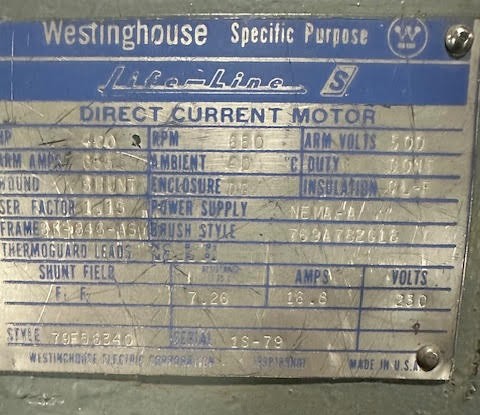 400 HP 650 RPM Westinghouse, Frame BK-846-ASY, Shunt Wound, 500 VA - Image 1