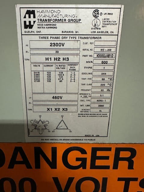 500 KVA 2300 Primary, 460 Secondary, Hammond Manufacturing, 3 Phase, 60 Hz, Dry - Image 2