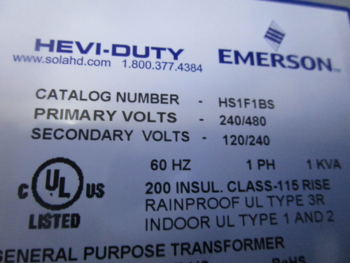 1 KVA 240/480 Primary, 120/240 Secondary, Emerson Hevi-Duty general purpose transformer HS1F1BS, NIB - Image 2