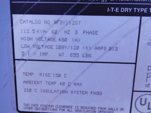 112.5 KVA 480 Primary, 208Y/120 Secondary, Siemens transformer 3F3Y112ST, class AA, 1 yr warranty - Image 4