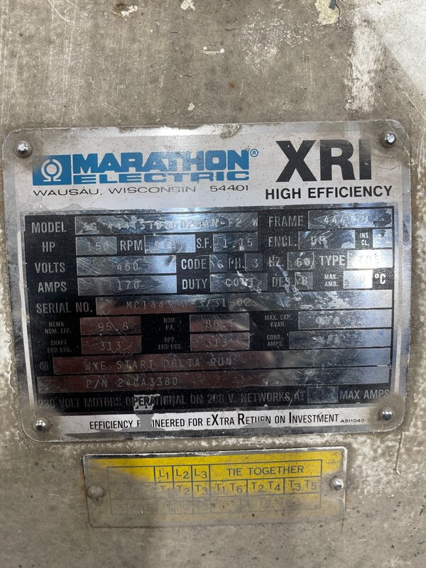 150 HP 1785 RPM Marathon 24CA3380, Frame 444TSD, DP, BB, 171 amps, 3 phase 460 Volts - Image 1