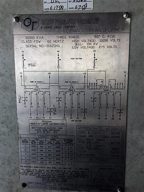 20 MVA 13200 Pri. 275 Sec., Westinghouse EAF FOW transformer, 1976 - Image 1