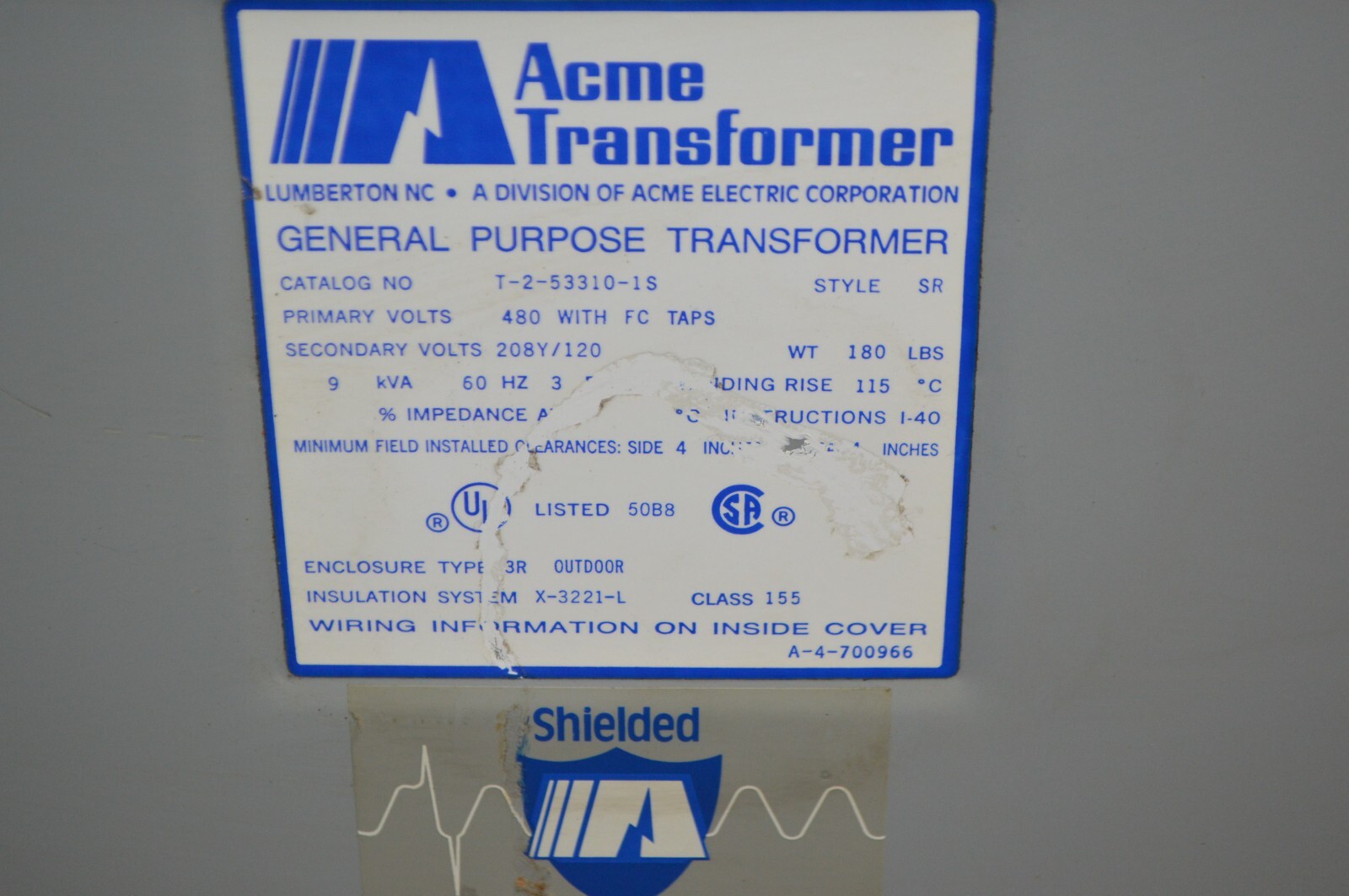 9 KVA 480 Primary, 208Y/120 Secondary, Acme #T-2-53310-1S, General Purpose Transformer - Image 2