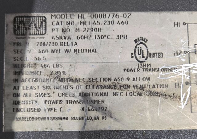 45 KVA 460 Primary, 208/230 Secondary, Marleco M-2290IE transformer - Image 7