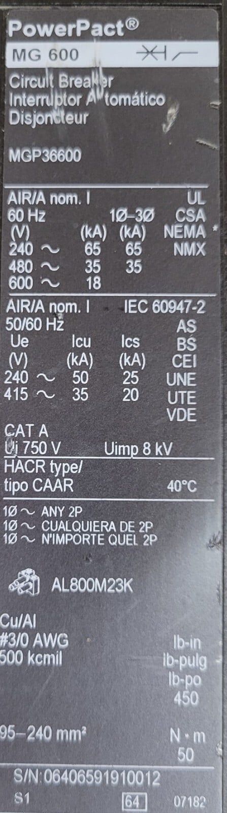 600 Amps, Square D, MGP36600, Bolt-On Circuit Breaker 600A 600VAC 3P - Image 3