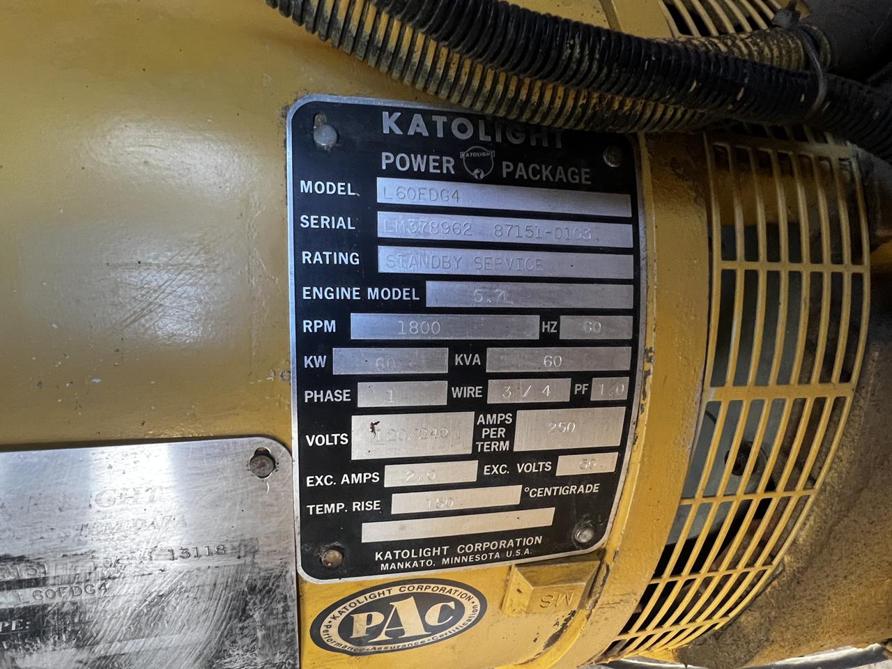 60 KW Kato #L60EDG4, Natural gas or propane generator, enclosed skid mounted, 120/240 Volts, 453 hours, 1997 - Image 9
