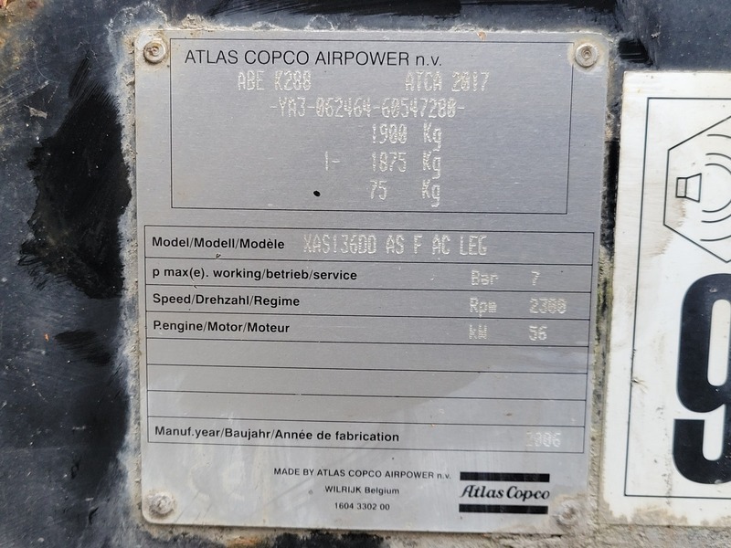 286 cfm, 101 psi, Atlas Copco #XAS136DD-AS-F AC-LEG, portable diesel air compressor, 2006 - Image 2