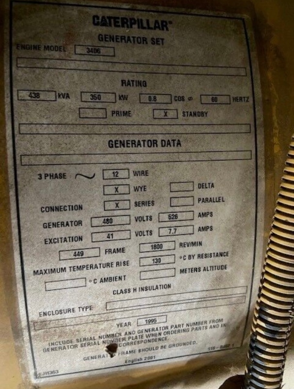 350 KW Caterpillar #3406, generator set, weatherproof enclosure, 277/480 Volts, 1996 - Image 5