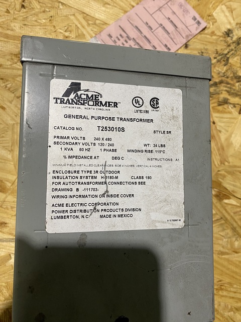 1 KVA 240x480 Primary, 120/240 Secondary, Acme Electric #T253010S transformer - Image 2
