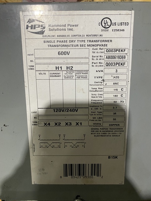 3 KVA 600 Primary, 120/240 Secondary, Hammond #Q003PEKF, transformer - Image 2