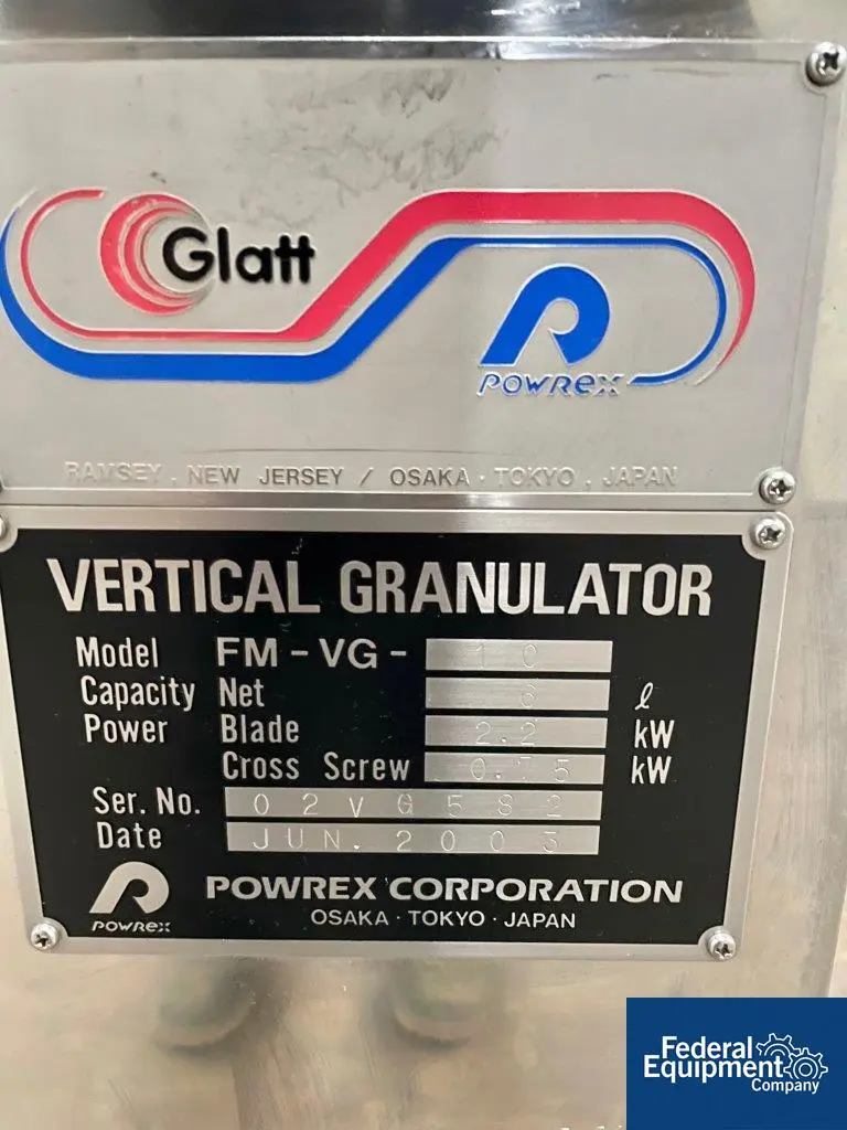10L Glatt #FM-VG-10, vertical high shear granulator, 15 cu.ft., 2003 - Image 2