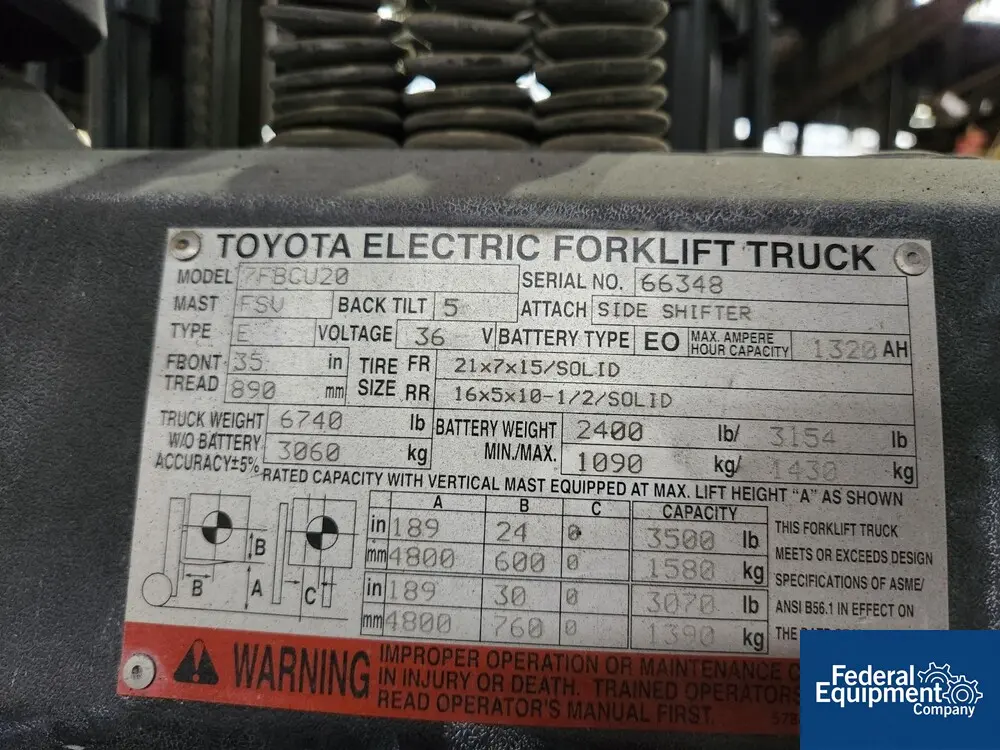 3500 lb. Toyota #7FBCU20, 189" lift, side shift - Image 2