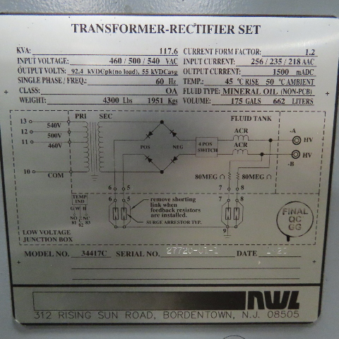 117.6 KVA 540/500/460 Primary, 92400/55000 Secondary, NWL rectifier transformer, class OA, new - Image 2