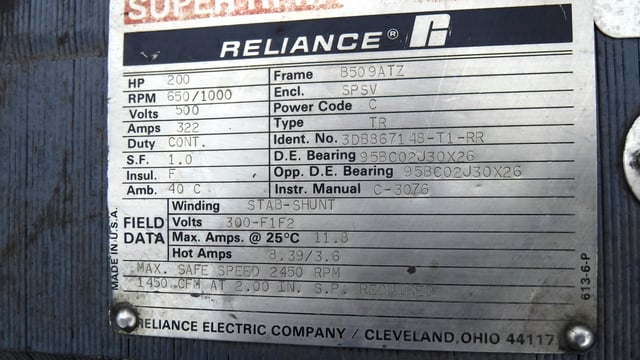 200 HP 650 RPM Reliance, Frame B509ATZ, DPFVBB, 500 VA, 300 VF - Image 3