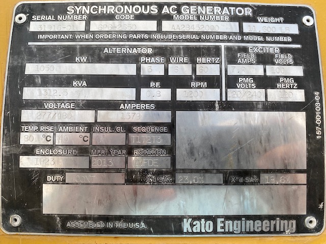 1050 KW, 1200 RPM, Kato #AA28452000, generator end, 277/480 Volts, 3-phase, sound attenuated enclosure 00 - Image 9