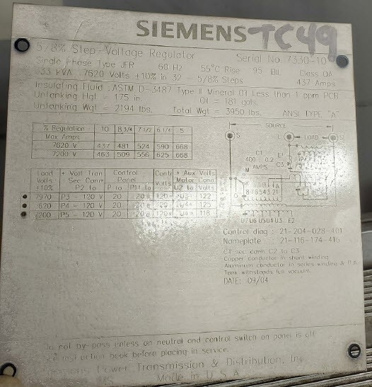 333 KVA Siemens single phase voltage regulator, 7.2/7.96 kV w/quick disconnect 10' cables (Various - Image 3