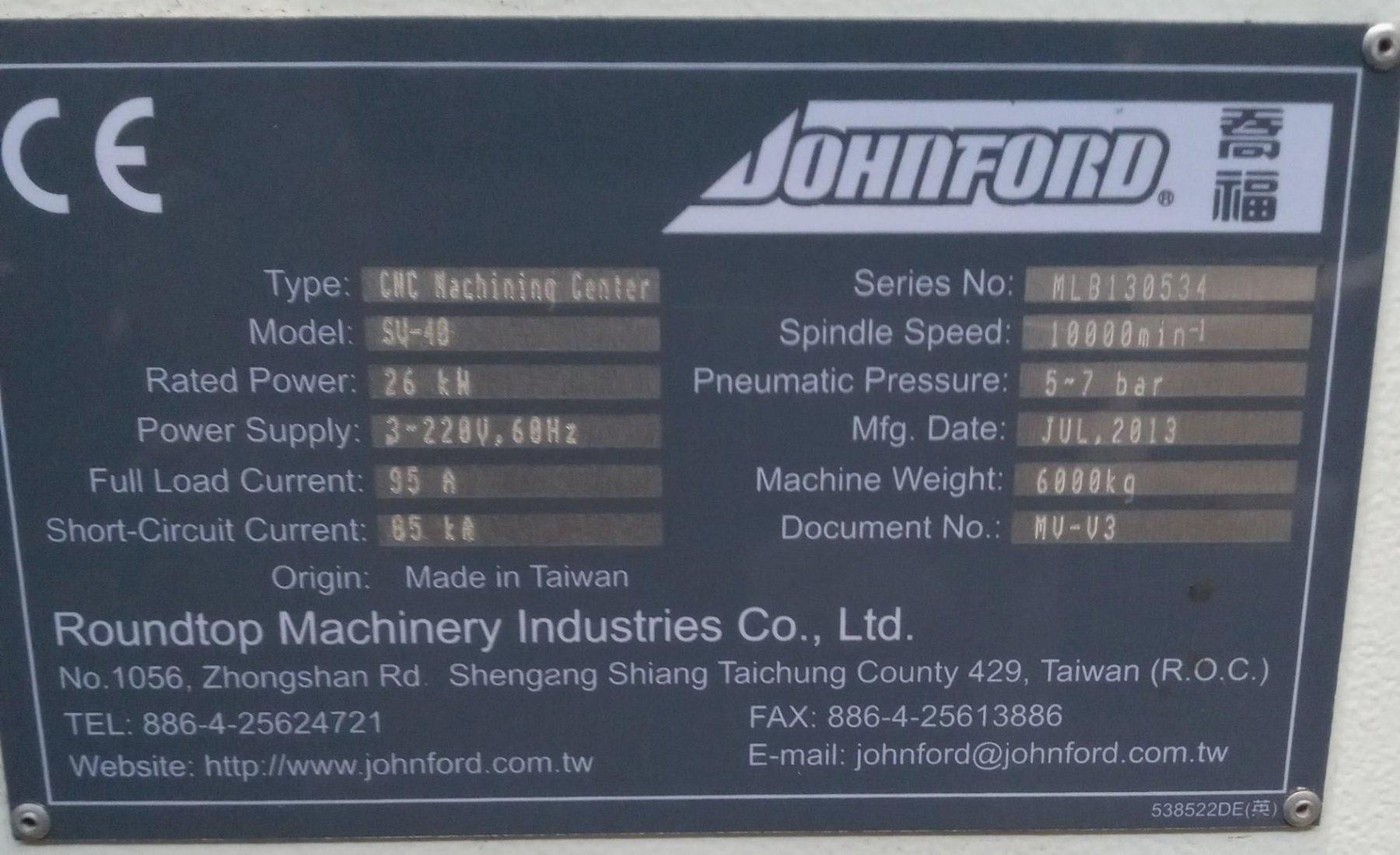 Johnford #SV-40, CNC vertical machining center, 41" X, 20" Y, 24" Z, 47" x20" table, Cat 40, 10000 RPM, 24 - Image 9