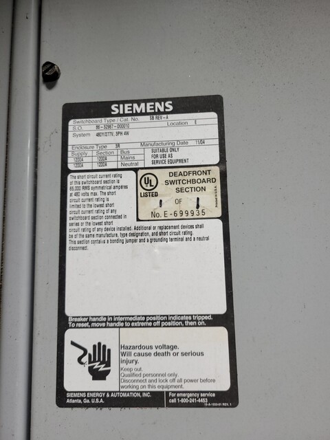 1200 Amp. Siemens, SB Rev A, Switchgear, 480Y/277 Volts 3PH 4W SHND69120AG Breaker 3R - Image 3