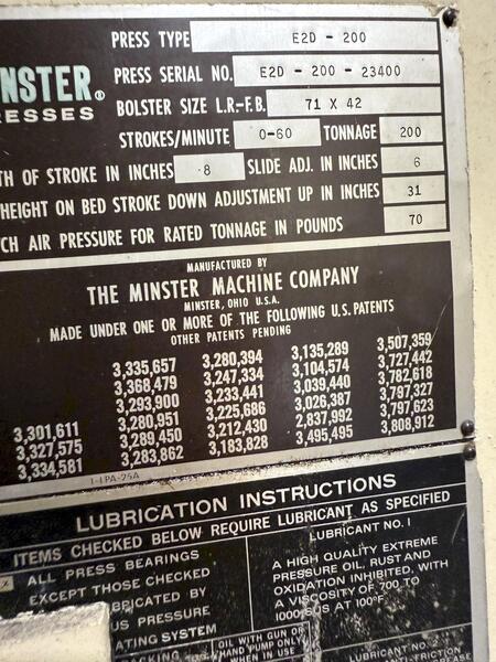 200 Ton, Minster #E2-200-72-42, 8" stroke, 31" Shut Height, 6" adjustment, 30-60 VSPM, reconditioned, 1981 - Image 8