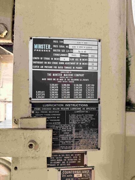 200 Ton, Minster #E2-200-72-42, 8" stroke, 31" Shut Height, 6" adjustment, 30-60 VSPM, reconditioned, 1981 - Image 9