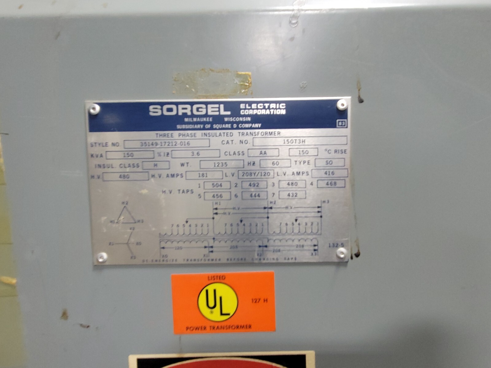 150 KVA 480 Primary, 208Y/120 Secondary, Sorgel Square D #150T3H, Insulated Transformer - Image 2