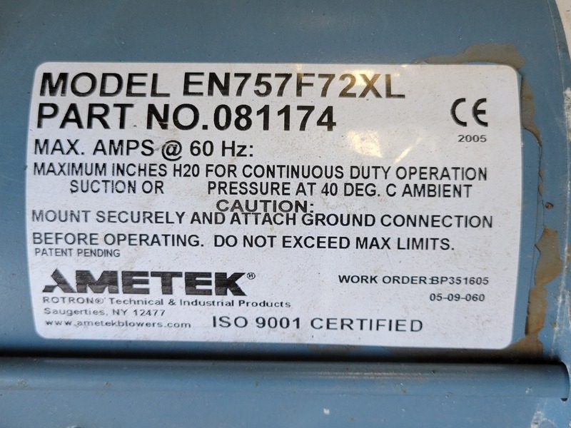 310 cfm, 3 psi, Ametek #EN757F72XL, centrifugal regenerative blower, 2.5" openings, 3450 RPM, 5 HP - Image 2