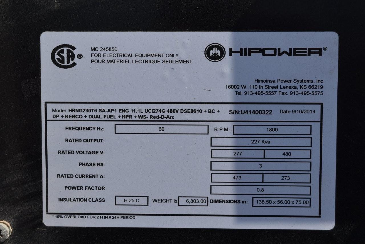 Hipower #HRNG230T6, dual fuel Natural gas or LP mobile generator, 277/480 Volts, 2014 - Image 5