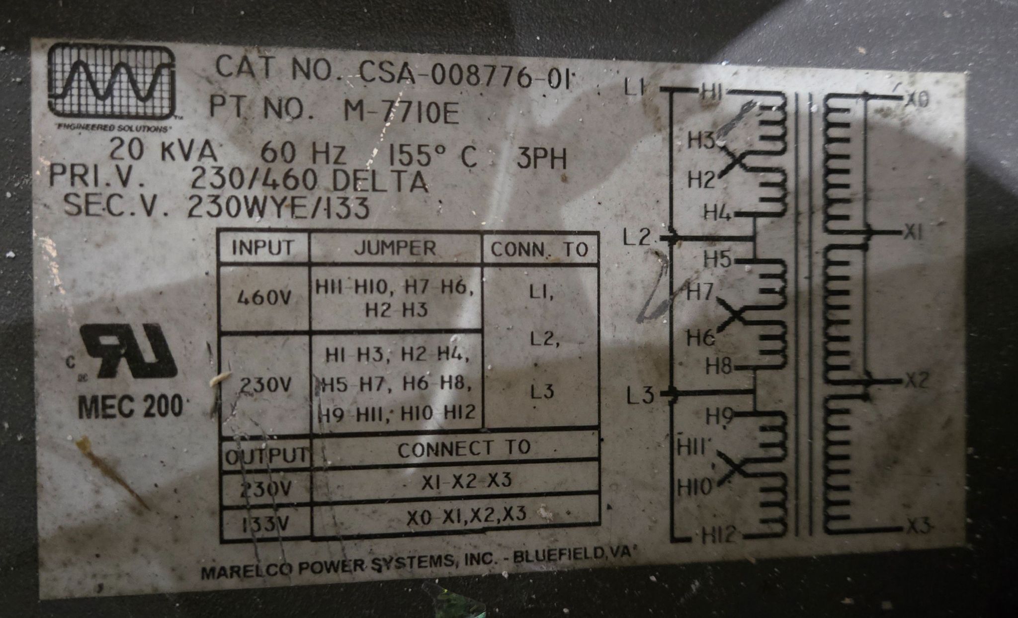 20 KVA 230 Primary, , Marelco Power Systems M-7710E, transformer w/connectors - Image 4
