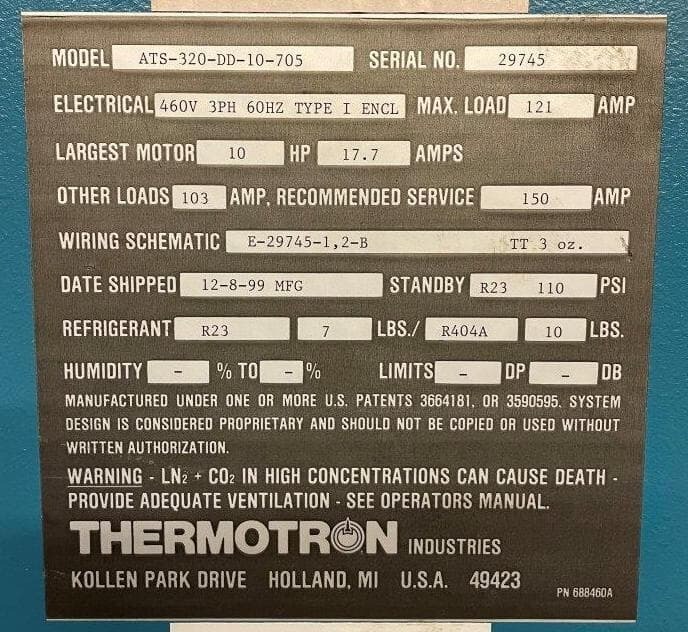 25" width x 15" D x 15" H Thermotron #ATS-320-DD-10-705, Hot to 200°, Cold to -73°C, 1999 - Image 4