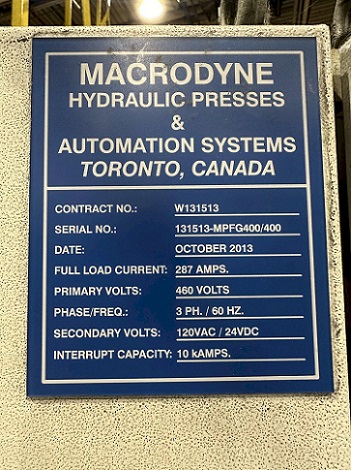400 Ton, Macrodyne #MPFG400/400, hydraulic forging press, 32" stroke, 56" DL, 200 HP, 2013 - Image 3