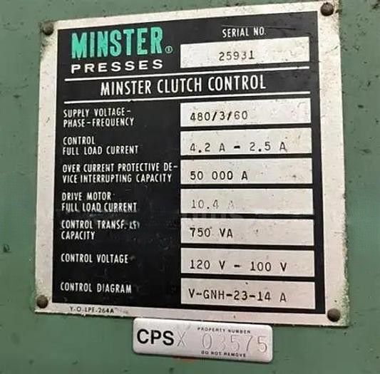 45 Ton, Minster #5, OBI flywheel press, 4" stroke, 12.25" Shut Height, 2.5"adj., 9.5"throat, 90-180 SPM - Image 3