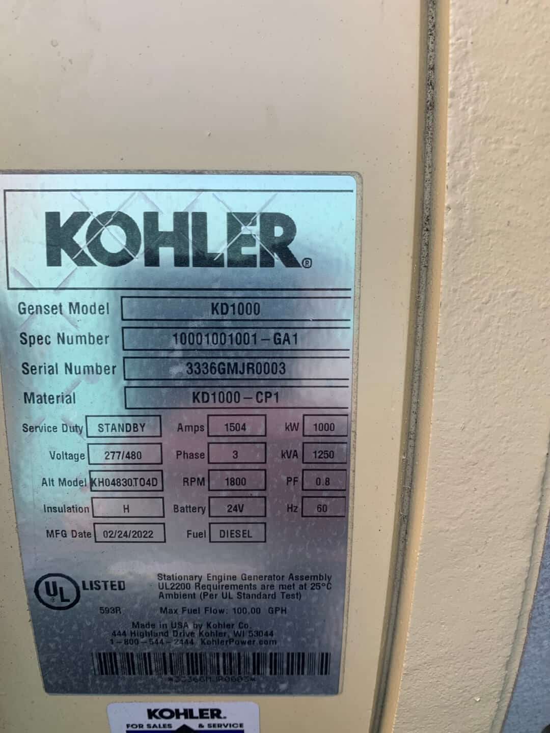 1000 KW Kohler #KD1000, diesel generator, open skid, 480 Volts, 800A & 1200A breakers, 1 hour, Tier 2, 2022 - Image 4