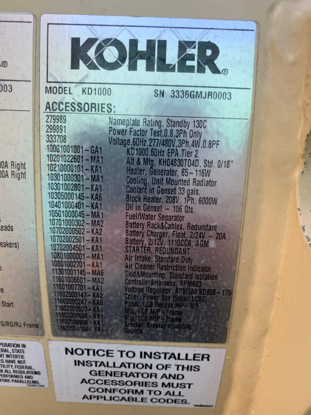 1000 KW Kohler #KD1000, diesel generator, open skid, 480 Volts, 800A & 1200A breakers, 1 hour, Tier 2, 2022 - Image 5