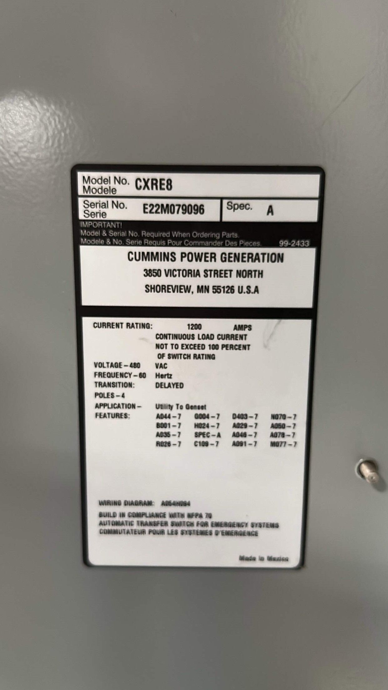 1200 Amp. Cummins #CXRE8, automatic transfer switch, 480 Volts, Nema 1, 2022 - Image 5