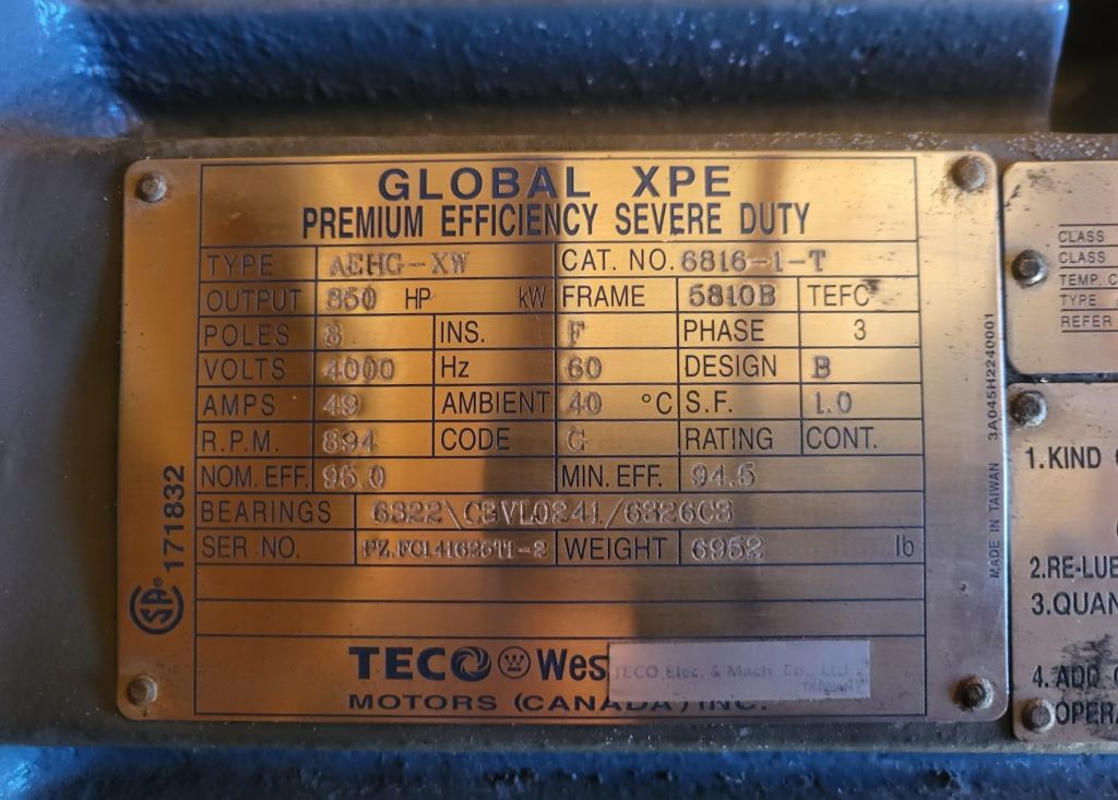 350 HP 900 RPM Teco Westinghuse, Frame 5810B, TEFC, 1.0 service factor, 4000 Volts, unused surplus - Image 3