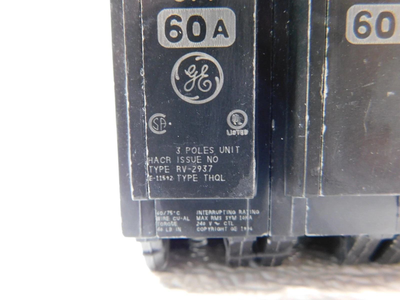60 Amps, General Electric, Snap-In Circuit Breakers, 2 Qty., 3-Pole, Type RV-2937, Type THQL, HACR, 240 V - Image 2