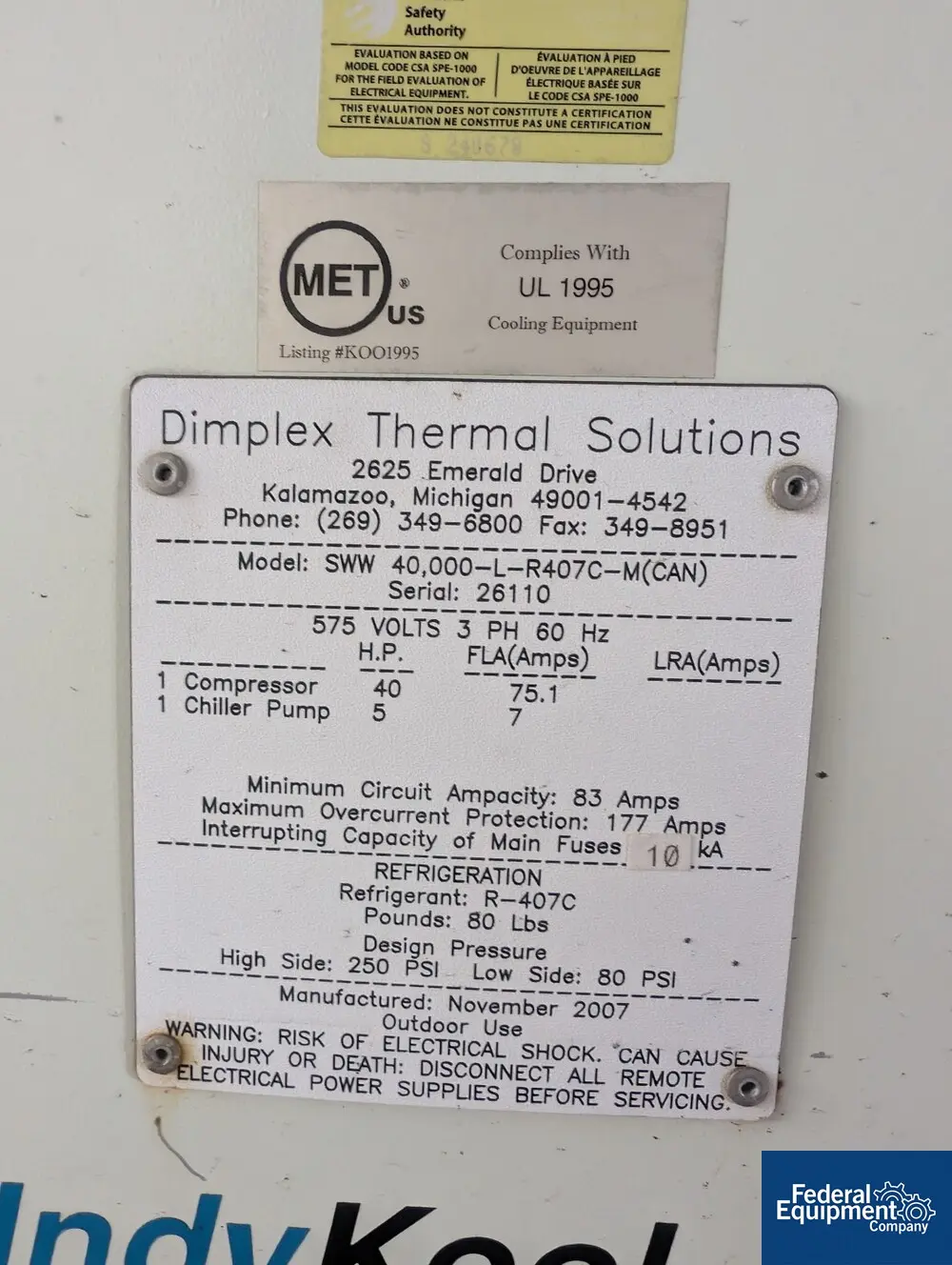 40 Ton, Dimplex Thermal #SWW-40000-L, Chiller, 75 volt, 40 hp compressor, serial# 25110, SWW-40000-L - Image 2