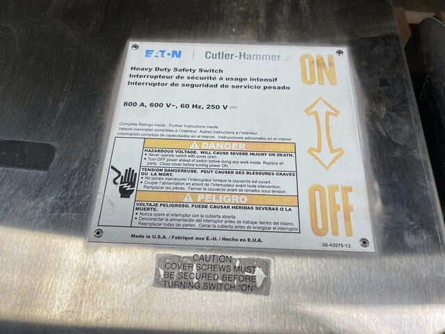 800 Amp. Eaton Cutler-Hammer #DH367FWK, Heavy Duty Safety Switch Disconnect Stainless - Image 5