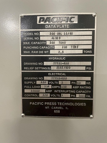300 Ton, Pacific #300-OBL-10/60, straight side hydraulic press, 12" stroke, 50 HP, 2017 - Image 2