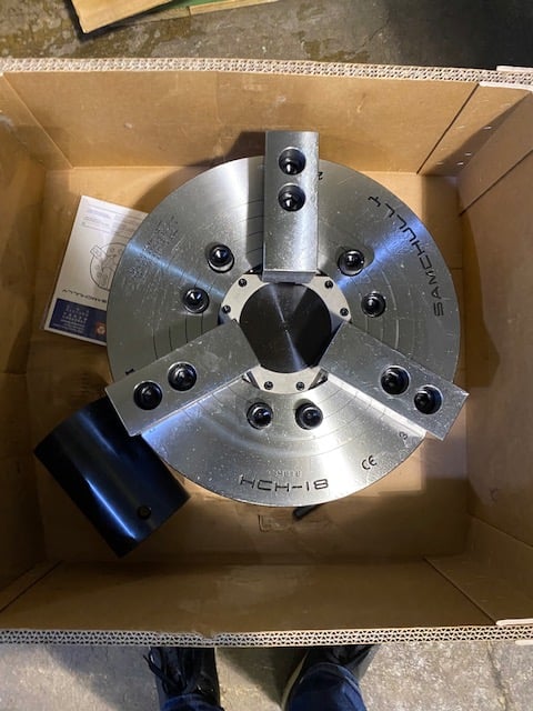 18" Samchully #HCH-18, hydraulic 3-jaw chuck, 4.625" thru bore, 2000 RPM, 2022 - Image 1