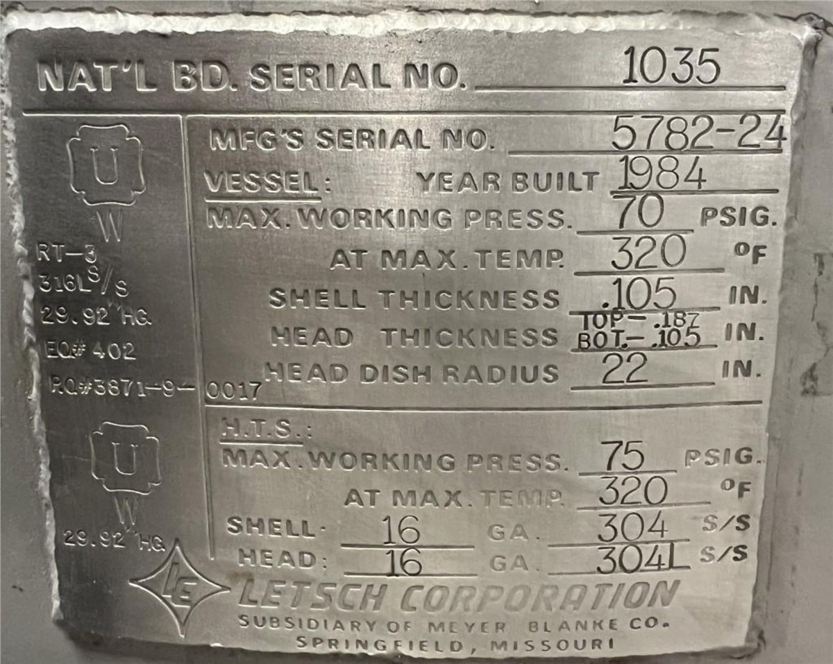 50 gallon Letsche, Reactor, 304 Stainless Steel, 70 psi @ 320&deg;F, 0.105" shell thickness, 1984 - Image 2