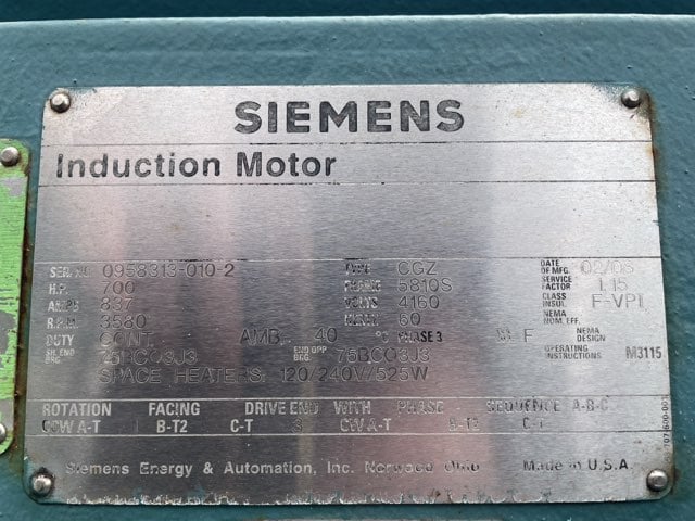 700 HP 3600 RPM Siemens, Frame 5810S, TEFC BB, 4160 Volts (2 available) - Image 3