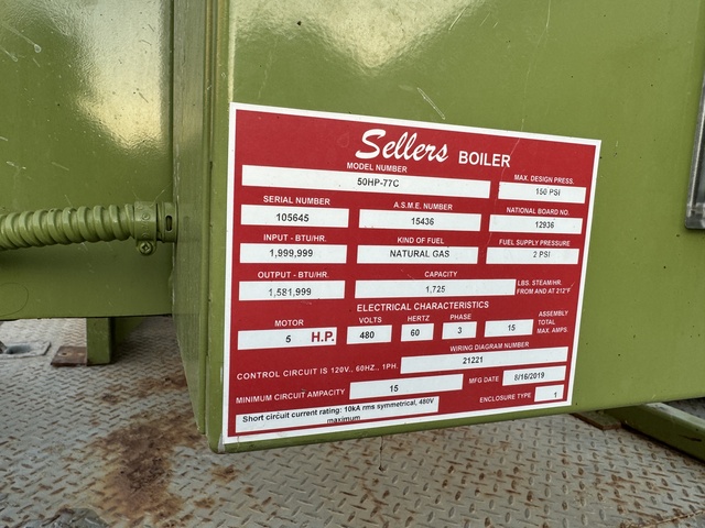 50 HP Sellers #50HP-77C, fire tube boiler designed to deliver efficient and reliable steam or hot water, 2019 - Image 2