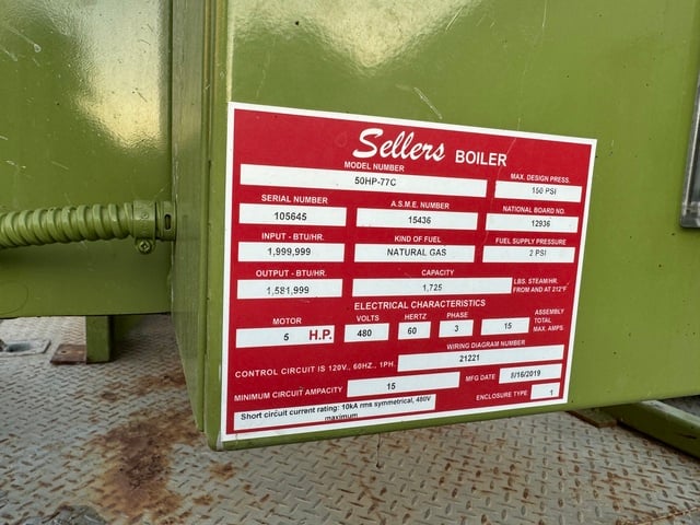 50 HP Sellers #50HP-77C, fire tube boiler designed to deliver efficient and reliable steam or hot water, 2019 - Image 9