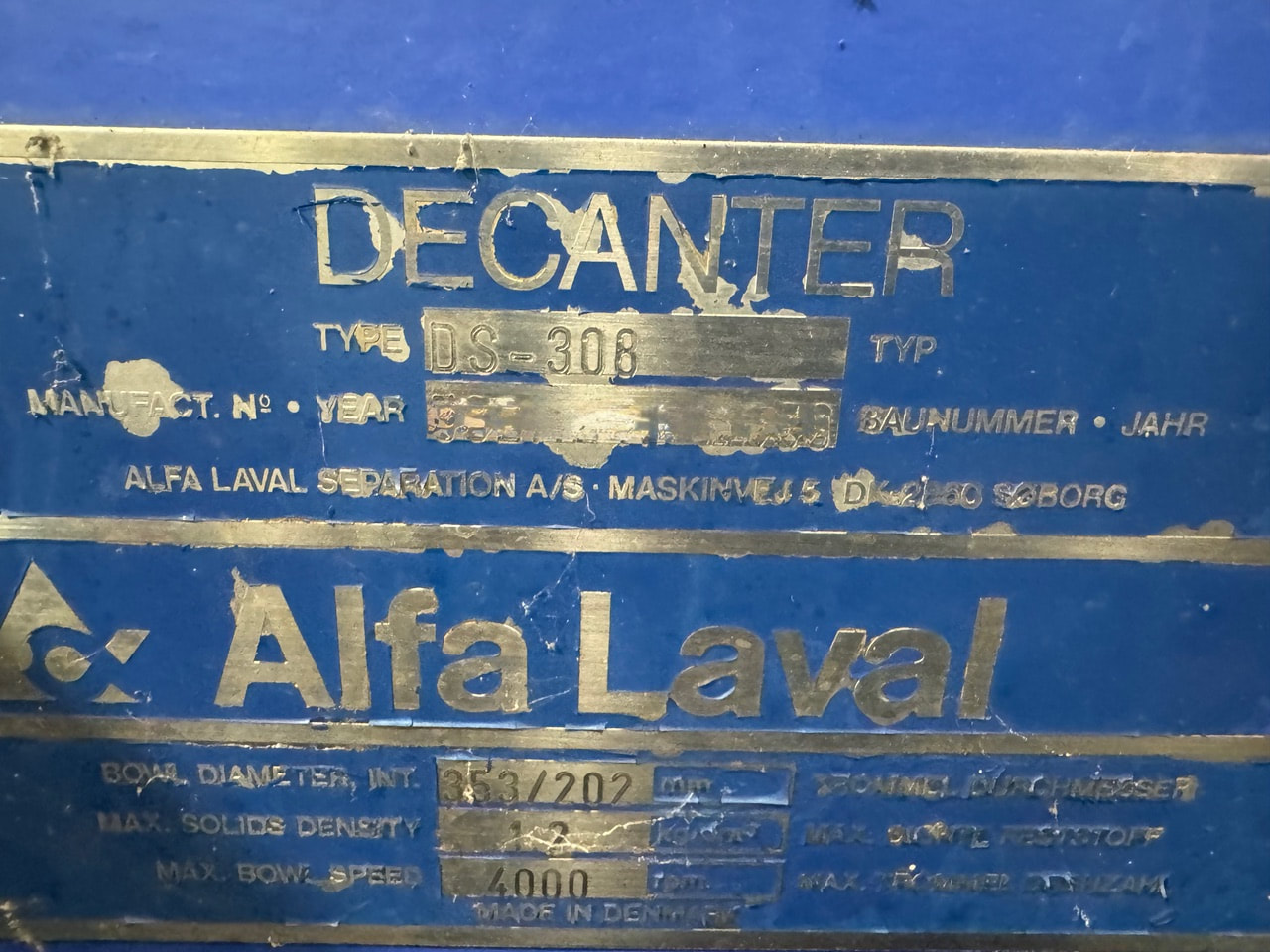 13.9" x 57.5" Alfa Laval / Sharples #DS308, decanter, 4000 RPM - Image 3