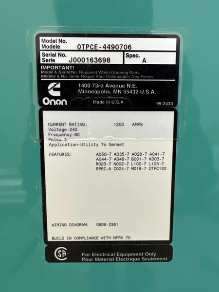 1200 Amp. Cummins OTPCE-4490706, 3-pole automatic transfer switch, 240 Volts, Nema 1, 2000 - Image 2