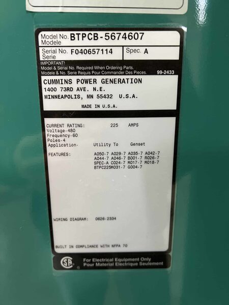 225 Amp. Cummins BTPCB-5674607, 4-pole automatic transfer switch, 480 Volts, 2004 - Image 3