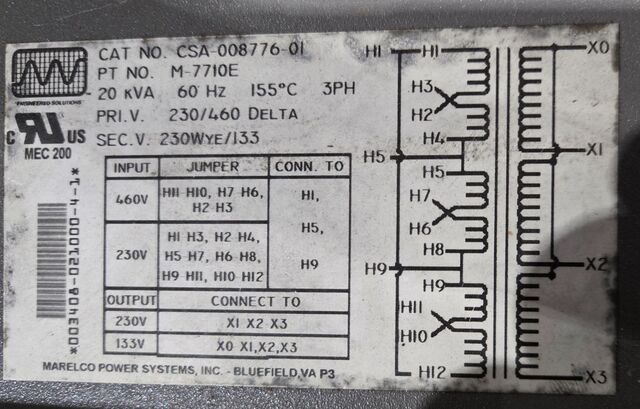 20 KVA 460/230 Primary, 230Y/133 Secondary, Marelco Power Systems #M-7710E, Transformer, 3 Phase, 60 Hz - Image 4