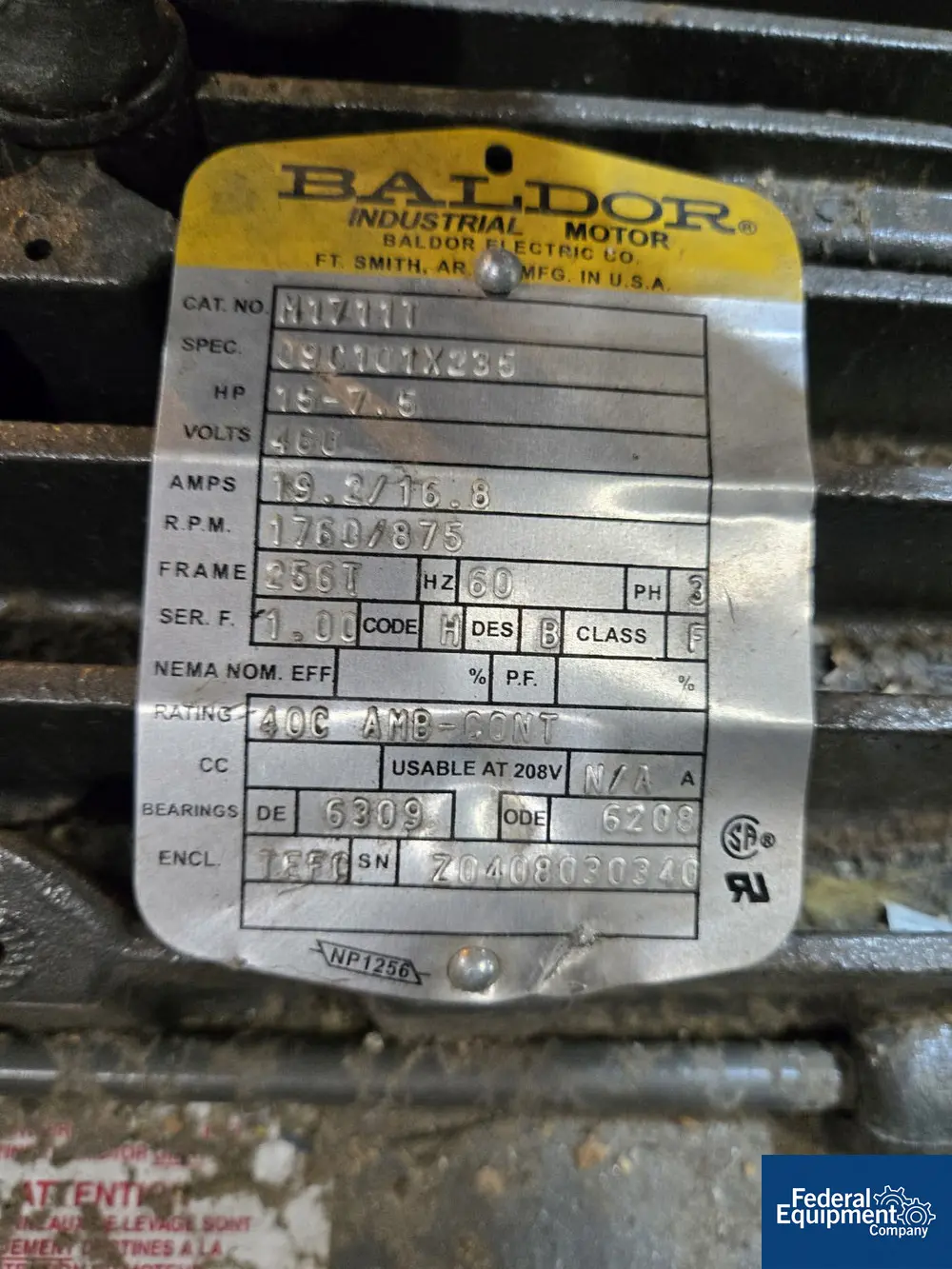 15 HP 1760 RPM Baldor, Frame 256T, 1.00 service factor, 460 Volts, S/N Z0408030340 - Image 2
